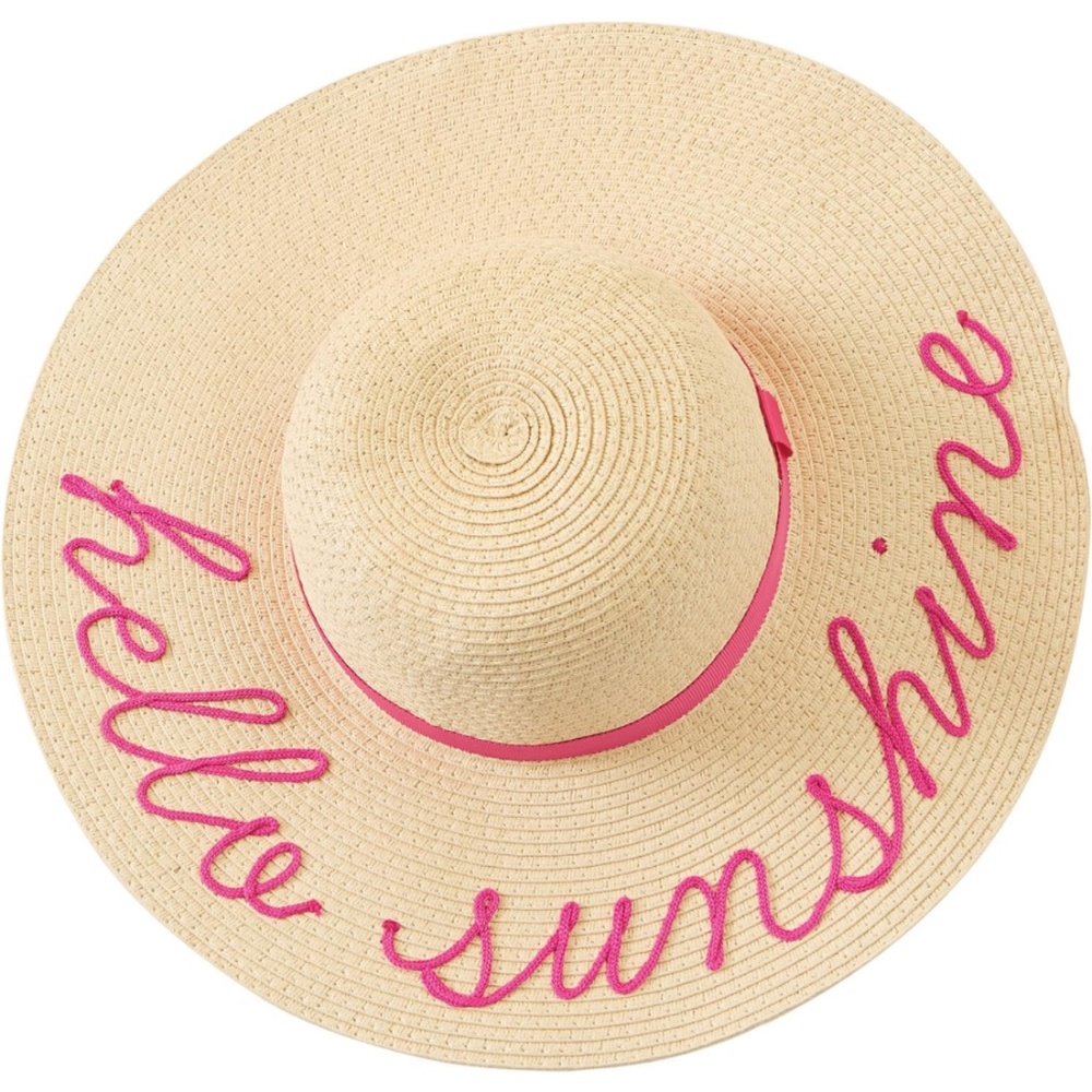 Mud Pie Wide Brim “Hello Sunshine” Floppy Straw Beach Sun Hat Pink Embroidered
